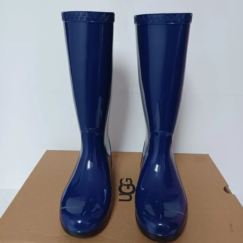 UGG Women's Navy Blue Shaye Glossy Waterproof Rubber Rain Boots Size 6